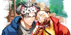 Rule 34 | 2boys, animal ears, bad link, black hair, black shirt, blue eyes, blue hoodie, chicken (food), chicken leg, eating, expressionless, fake animal ears, food, fushiguro megumi, highres, hood, hoodie, itadori yuuji, juju net, jujutsu kaisen, looking at viewer, looking to the side, male focus, multiple boys, pink eyes, pink hair, red hoodie, shirt, short hair, spiked hair, undercut, yellow shirt