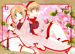 1990s_(style) 1boy 1girl absurdres antenna_hair braid braided_bun brown_hair capri_pants cardcaptor_sakura child clamp couple flower hair_bun hand_fan hat hetero highres holding holding_fan kinomoto_sakura li_xiaolang official_art pants pink_shoes retro_artstyle shoes short_hair sitting