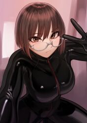 Rule 34 | 1girl, absurdres, black bodysuit, bodysuit, breasts, brown eyes, brown hair, glasses, highres, kilye kairi, latex, latex bodysuit, looking at viewer, medium breasts, original, semi-rimless eyewear, shiny clothes, short hair, skin tight, solo, under-rim eyewear, v