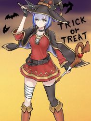 Rule 34 | + +, 1girl, absurdres, alternate costume, azur lane, bandaged leg, bandages, bat (animal), belt, black choker, black gloves, black hat, black thighhighs, blue hair, brown belt, cape, choker, cosplay, dress, fingerless gloves, gascogne (azur lane), gloves, gradient background, halloween, hat, highres, holding, holding staff, holding unworn clothes, holding unworn hat, kono subarashii sekai ni shukufuku wo!, megumin, megumin (cosplay), multicolored hair, red dress, short dress, short hair, single thighhigh, solo, staff, streaked hair, thighhighs, tomozou-1971, trick or treat, unworn hat, unworn headwear, witch hat, yellow background, yellow eyes