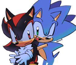 2boys animal_ears animal_nose black_fur blue_fur closed_mouth commentary english_commentary fishsoof frown furry furry_male gloves green_eyes highres hug looking_at_viewer male_focus multiple_boys open_mouth red_eyes red_fur shadow_the_hedgehog signature smile sonic_(series) sonic_the_hedgehog white_gloves