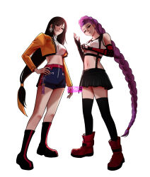 Rule 34 | 2girls, absurdres, azezazel, bare shoulders, black gloves, black hair, black skirt, black sports bra, black thighhighs, boots, braid, braided ponytail, breasts, commentary, cosplay, costume switch, crop top, cropped sweater, crossover, earrings, elbow gloves, english commentary, final fantasy, final fantasy vii, final fantasy vii remake, fingerless gloves, full body, gloves, hand on own hip, highres, jacket, jewelry, knee boots, kpop demon hunters, lips, long hair, long sleeves, looking at viewer, low-tied long hair, medium breasts, midriff, miniskirt, multiple girls, navel, open clothes, open jacket, parted lips, pink lips, purple hair, red boots, red eyes, rumi (kpop demon hunters), rumi (kpop demon hunters) (cosplay), short shorts, shorts, single arm guard, skirt, sports bra, standing, suspender skirt, suspenders, sweater, swept bangs, tank top, thighhighs, tifa lockhart, tifa lockhart (cosplay), turtleneck, turtleneck sweater, twitter username, very long hair, white background, white sweater, white tank top, yellow jacket, zettai ryouiki