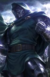 Rule 34 | 1boy, armor, artist name, belt, belt buckle, belt pouch, blurry, blurry background, brown belt, brown eyes, buckle, cape, clenched hand, closed mouth, cloud, cloudy sky, commentary, doctor doom, electricity, english commentary, fantastic four, frown, gauntlets, green cape, green tunic, hands up, highres, hood, hood up, hooded cape, looking at viewer, male focus, marvel, mask, official art, outdoors, pouch, serious, signature, sky, solo, standing, stanley lau, textless version, tunic, vambraces