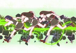 3girls bike_shorts black_hair black_skirt black_vest collared_shirt dress_shirt gundam gundam_gquuuuuux hayashio_(kancolle) hayashio_kai_ni_(kancolle) highres kantai_collection kuroshio_(kancolle) kuroshio_kai_ni_(kancolle) long_hair multiple_girls neck_ribbon nemu_(nemurakka) oyashio_(kancolle) oyashio_kai_ni_(kancolle) parody pleated_skirt ribbon running shirt short_hair shorts shorts_under_skirt skirt vest white_shirt