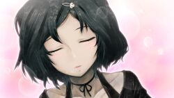 1boy black_hair black_ribbon black_shirt blurry bob_cut bokeh casual choker collarbone depth_of_field dutch_angle facing_viewer game_cg goth_fashion hair_ornament hairclip highres huke imminent_kiss light_blush non-web_source official_art open_mouth pink_background pink_lips puffy_short_sleeves puffy_sleeves ribbon ribbon_choker shirt short_sleeves skull_hair_ornament solo steins;gate steins;gate:_my_darling&#039;s_embrace tank_top tongue trap urushibara_ruka