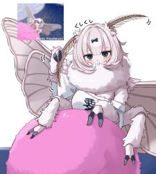 1girl arthropod_girl arthropod_limbs black_bow black_eyes blush bow breasts commentary_request cotton_ball extra_arms fur_collar hair_bow highres insect_girl insect_wings kaiko-chan_(planhaplalan) large_breasts looking_at_viewer moth_antennae moth_girl moth_wings off_shoulder original photo_inset plan_(planhaplalan) reference_inset shirt simple_background solo translation_request white_background white_hair white_shirt wings