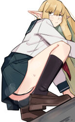 1girl absurdres ass black_panties black_socks blonde_hair brown_eyes brown_shoes commentary_request elf grey_skirt highres kneehighs loafers long_hair panties pleated_skirt pointy_ears sattinittas school_uniform serafuku serie_(sousou_no_frieren) shoes simple_background skirt socks solo sousou_no_frieren squatting sweat underwear white_background