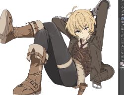 Rule 34 | 1boy, ahoge, belt, belt buckle, billy the kid (fate), black pants, blonde hair, blue eyes, boots, brown boots, brown jacket, brown necktie, brown vest, buckle, collared shirt, cowboy western, fate/grand order, fate (series), holster, jacket, kaigan0211, leather, leather jacket, necktie, open clothes, open jacket, pants, shirt, solo, vest, white background, white shirt