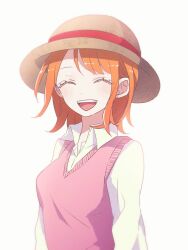 Rule 34 | 1girl, blush, breasts, closed eyes, collared shirt, commentary request, facing viewer, happy, hat, highres, hungry days, medium breasts, nami (one piece), one piece, open mouth, orange hair, pink sweater vest, school uniform, shinogo no, shirt, short hair, smile, solo, straw hat, sweater vest, upper body, white background, white shirt