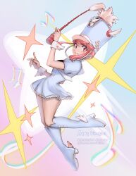 Rule 34 | 1girl, boots, dress, frilled dress, frills, full body, hat, hat ornament, highres, holding baton, jakuzure nonon, kill la kill, knee boots, marching band baton, musical note, necktie, parted lips, pink eyes, pink hair, puffy short sleeves, puffy sleeves, shako cap, short sleeves, sidelocks, skull hat ornament, solo, vinetsu, white boots, white dress, white hat, white necktie, white wrist cuffs, winged footwear, wrist cuffs