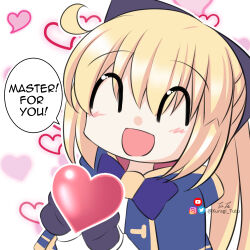 Rule 34 | 1girl, artist name, artoria caster (fate), artoria pendragon (fate), blonde hair, blue cape, blush, cape, closed eyes, commentary, deformed, english commentary, english text, fate/grand order, fate (series), heart, heart background, holding, holding heart, instagram logo, kuragi tutu, long hair, open mouth, ponytail, smile, solo, speech bubble, twitter logo, twitter username, youtube logo