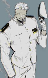 1boy buttons cigar commentary_request cowboy_shot gloves grey_background hat highres holding holding_unworn_clothes holding_unworn_hat jacket kabane_(rjev8385) long_sleeves looking_to_the_side male_focus medal navy one_eye_closed one_piece simple_background smoke smoker_(one_piece) solo stitched_face stitches undercut unworn_hat unworn_headwear white_gloves white_hair white_jacket