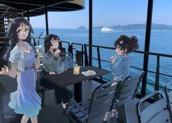 Rule 34 | 3girls, ahoge, black hair, black skirt, blue dress, blue shirt, chair, commentary request, dress, glasses, green shirt, hair bun, heian maru (kancolle), highres, jacket, jingei (kancolle), jingei (sea paseo) (kancolle), kantai collection, long hair, multiple girls, official alternate costume, ooyodo (kancolle), ooyodo (kure) (kancolle), outdoors, photo background, shirt, skirt, sugue tettou, table, white jacket