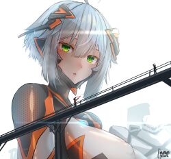 1girl absurdres ahoge artist_name blush bodysuit breasts colossus_(natsukaze_shigure) giant giantess green_eyes grey_hair hair_between_eyes headgear hexagon_print highres impossible_bodysuit impossible_clothes large_breasts looking_at_viewer mecha mecha_musume natsukaze_shigure open_mouth original robot science_fiction short_hair solo_focus train white_background white_hair