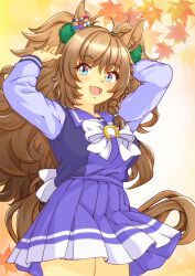 Rule 34 | 1girl, ahoge, animal ears, arms up, autumn leaves, blast onepiece (umamusume), blue eyes, blush, bow, breasts, brown hair, commentary request, cowboy shot, ear ornament, gradient background, hair ornament, highres, horse ears, horse girl, horse tail, kaicho (kaicho p), large breasts, leaf, long hair, looking at viewer, open mouth, partial commentary, pleated skirt, purple serafuku, purple shirt, purple skirt, sailor collar, school uniform, serafuku, shirt, skirt, smile, solo, tail, tracen school uniform, umamusume, very long hair, white bow, winter uniform