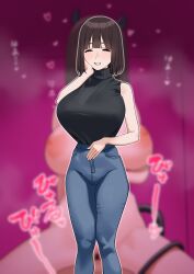 1girl absurdres black_hair black_horns black_sweater blue_pants blunt_bangs blurry blurry_background bob_cut breasts closed_eyes commentary_request demon_horns demon_tail facing_viewer fffukuzawa hand_on_own_cheek hand_on_own_face hetero highres horns huge_breasts nipples original pants projected_inset sleeveless sleeveless_turtleneck standing sweater tail turtleneck turtleneck_sweater