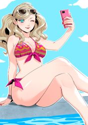 Rule 34 | 1girl, absurdres, aqua eyes, armpit crease, bikini, blonde hair, blue sky, breasts, collarbone, commentary, crossed legs, day, earrings, eightyfourart, eyelashes, eyewear on head, feet out of frame, front-tie bikini top, front-tie top, highres, holding, holding phone, jewelry, large breasts, legs, long hair, looking at viewer, nail polish, one eye closed, outdoors, persona, persona 5, phone, pink bikini, red nails, shadow, side-tie bikini bottom, signature, sitting, sky, solo, stud earrings, sunglasses, swept bangs, swimsuit, takamaki anne, tongue, tongue out
