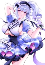 1girl arm_behind_head azur_lane blue_hair blunt_bangs blush breasts center_frills clothing_cutout commentary_request dido_(azur_lane) dido_(muse)_(azur_lane) framed_breasts frilled_hairband frills gloves hairband hands_up headset highres idol idol_clothes kokonoe910 large_breasts long_hair looking_at_viewer maid_headdress official_alternate_costume parted_lips pink_eyes puffy_short_sleeves puffy_sleeves short_sleeves side_ponytail solo stage underboob underboob_cutout white_gloves wrist_cuffs