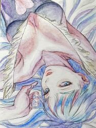 1girl black_leotard blue_hair breasts cleavage clothing_cutout collarbone darkstalkers heart_cutout highres leotard long_hair looking_at_viewer lying morrigan_aensland on_back painting_(medium) parted_lips solo sukerock360 traditional_media watercolor_(medium)