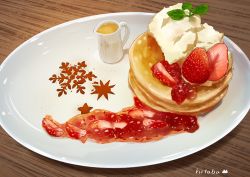 absurdres cream creamer_(vessel) food food_focus fruit garnish highres hitoba jam original pancake plate snowflakes still_life strawberry table wooden_table