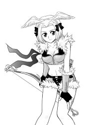 Rule 34 | 1girl, armband, arrow (projectile), bow, bow (weapon), breasts, cleavage, closed mouth, commentary request, crop top, fake wings, feathered wings, feet out of frame, fingerless gloves, fur-trimmed gloves, fur-trimmed shirt, fur-trimmed shorts, fur trim, gloves, greyscale, hair bow, hand on own knee, harunyan, head wings, highres, holding, holding bow (weapon), holding weapon, leaning forward, looking at viewer, medium breasts, midriff, monochrome, navel, parted bangs, quiver, ragnarok online, shirt, short hair, shorts, simple background, sleeveless, sleeveless shirt, smile, sniper (ragnarok online), solo, two-tone gloves, two-tone shirt, two-tone shorts, weapon, wings