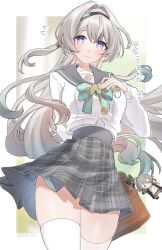 Rule 34 | 1girl, arm behind back, bag, bag charm, black hairband, blue eyes, blue pupils, blurry, blurry background, bow, bowtie, buttons, caelus (honkai: star rail), character charm, charm (object), commentary request, cowboy shot, double-breasted, firefly (honkai: star rail), firefly (spring missive) (honkai: star rail), gradient hair, green bow, green bowtie, green hair, grey hair, grey sailor collar, hair intakes, hairband, hand on own chest, highres, holding, holding bag, honkai: star rail, honkai (series), light blush, long hair, long sleeves, looking at viewer, multicolored eyes, multicolored hair, official alternate costume, plaid bow, plaid bowtie, plaid clothes, plaid skirt, pleated skirt, ponte irai, purple eyes, sailor collar, school bag, shirt, skindentation, skirt, smile, solo, thighhighs, trailblazer (honkai: star rail), translation request, twitter username, two-tone eyes, two-tone hair, white shirt, white thighhighs