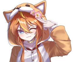 1girl ;) absurdres animal_hood blue_eyes blush buttons collarbone commentary commission double-parted_bangs english_commentary gold_choker highres hood hoodie komori long_eyelashes one_eye_closed orange_hair original pink_nails pointing pointing_at_self sleeves_past_wrists smile upper_body white_background