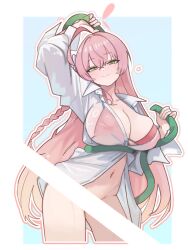 1girl absurdres ahoge bikini bikini_under_clothes blue_archive blue_background bottomless braid breasts censored green_eyes hanako_(blue_archive) hanako_(swimsuit)_(blue_archive) highres holding holding_hose hose large_breasts long_sleeves looking_at_viewer navel official_alternate_costume pink_hair red_bikini rehu_(astd5787) shirt single_braid smile swimsuit two-tone_background white_background white_shirt