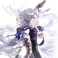 Rule 34 | 1girl, animal ear piercing, animal ears, aotsuki eito, back bow, between fingers, bow, breasts, chinese commentary, corset, dice, eyeliner, from side, genderswap, genderswap (mtf), glasses, gloves, grey eyes, grey hair, half gloves, highres, holding, holding dice, kemonomimi mode, large breasts, leotard, long hair, long sleeves, looking ahead, makeup, playboy bunny, rabbit ears, rabbit girl, rabbit tail, red eyeliner, solo, tail, the hundred line -last defense academy-, very long hair, white background, white bow, xiagexiagexia