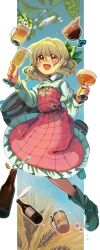 1girl :d alcohol barrel beer beer_bottle beerko blonde_hair blush boots bottle bottle_opener collared_shirt cup dress drinking_glass foam frilled_dress frills full_body glass green_boots green_ribbon green_sash hair_ribbon highres holding holding_cup juliet_sleeves lace-up_boots long_sleeves matsukuzu open_mouth original pinafore_dress plaid_clothes plaid_dress puffy_sleeves purple_dress ribbon sash shirt sleeveless sleeveless_dress smile solo white_shirt wine_glass yellow_eyes