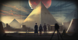 1girl 2boys bad_id bad_pixiv_id black_coat black_footwear black_jacket black_pants blurry blurry_foreground boots brown_footwear brown_jacket brown_pants brown_pantyhose cloud cloudy_sky coat commentary_request dated depth_of_field full_moon glowing gun highres holding holding_gun holding_weapon horns jacket long_hair moon mp40 multiple_boys original outdoors pants pantyhose pyramid_(structure) red_moon shirt silver_hair sky submachine_gun very_long_hair weapon white_shirt yurika-r