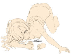 Rule 34 | 1girl, bare arms, bare back, bare legs, bare shoulders, barefoot, blush, breasts, can, check copyright, cleavage, copyright request, dated, drink, drooling, exhausted, full body, hair spread out, highres, holding, holding can, long hair, monochrome, one eye closed, open mouth, original, panties, simple background, solo, spill, strap slip, sweat, tank top, toes, top-down bottom-up, twitter username, unasaka ryou, underwear, white background, yellow theme
