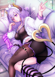 1girl absurdres alternate_costume ass black_shirt black_shorts blurry blush bokeh breasts brown_horns brown_pantyhose cleavage closed_mouth commentary_request couch demon_girl demon_horns demon_tail depth_of_field feet_out_of_frame fine_fabric_emphasis fur_hairband fur_jacket hairband highres horns indoors jacket konekoneko_(konekopi) large_breasts leg_warmers long_hair long_sleeves looking_at_viewer lying mole mole_under_mouth nanashi_inc. on_couch on_side open_clothes open_jacket pantyhose pillow pointy_ears purple_eyes purple_hair saionji_mary shirt short_shorts shorts single_leg_pantyhose smile solo tail very_long_hair virtual_youtuber white_hairband white_jacket