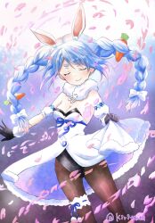 Rule 34 | 1girl, animal ear fluff, animal ears, bare shoulders, black gloves, black leotard, blue hair, bow, braid, breasts, brown pantyhose, carrot hair ornament, cleavage, closed eyes, closed mouth, commentary request, detached sleeves, don-chan (usada pekora), dress, facing viewer, food-themed hair ornament, fur-trimmed dress, fur-trimmed gloves, fur trim, gloves, hair bow, hair ornament, highres, hololive, kiritoma, leotard, long hair, medium breasts, pantyhose, petals, puffy short sleeves, puffy sleeves, rabbit ears, short eyebrows, short sleeves, skirt hold, smile, solo, strapless, strapless dress, strapless leotard, thick eyebrows, twin braids, twintails, twitter username, usada pekora, usada pekora (1st costume), very long hair, virtual youtuber, white bow, white dress, white sleeves