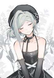 1girl absurdres alternate_costume bare_shoulders beret black_choker black_dress black_hat choker closed_eyes closed_mouth commentary_request dress elbow_gloves facing_viewer gloves grey_gloves grey_hair hat head_tilt highres plant reverse:1999 ribbon_choker short_hair smile solo spaghetti_strap upper_body vertin_(reverse:1999) yukiri_(l_ii)