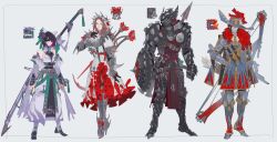 Rule 34 | 2boys, 2girls, absurdres, arm shield, armor, balahara, balahara (armor), blue eyes, boots, bow (weapon), breasts, brown hair, colored inner hair, compound bow, dagger, full armor, full body, fur trim, hat, high heels, highres, hirabami, hirabami (armor), holding, holding shield, katana, knife, lala barina (armor), lala barina (monster hunter wilds), long hair, looking at viewer, monster hunter (character), monster hunter (series), monster hunter wilds, multicolored hair, multiple boys, multiple girls, nslacka, pale skin, quematrice, quematrice (armor), red eyes, shield, simple background, sword, weapon, white background