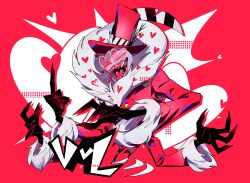 1boy ama0805 coat colored_skin demon_boy drooling fur-trimmed_coat fur_trim hazbin_hotel heart heart-shaped_eyewear highres long_hair looking_at_viewer pink_coat purple_skin red_eyes sharp_teeth solo teeth valentino_(hazbin_hotel)