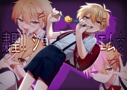 1boy absurdres backpack bag black_shorts blonde_hair brown_eyes collared_shirt crime_prevention_buzzer fang hair_ornament hairclip hand_to_own_mouth highres holding male_focus multiple_views omiyacha open_mouth randoseru shirt shorts shukusei!!_loli-kami_requiem simple_background skin_fang smile star_(symbol) suspender_shorts suspenders takao_shinji white_shirt