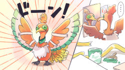 ... absurdres alternate_color closed_mouth commentary_request cosplay cramorant emphasis_lines gen_2_pokemon gen_8_pokemon highres ho-oh ho-oh_(cosplay) itiya1412 legendary_pokemon mirror nintendo no_humans paint paint_can paintbrush photo_(object) pokemon pokemon_(creature) reflection ribbon shiny_pokemon spoken_ellipsis standing yellow_ribbon
