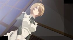 ahoge anime_screenshot breasts brown_hair hair_over_one_eye highres kaifuku_jutsushi_no_yarinaoshi_~sokushi_mahou_to_skill_copy_no_chouetsu_heal~ large_breasts maid maid_(kaiyari) non_porn smile tagme