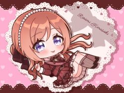 1girl ass bead_hairband blue_eyes brown_hair character_name chibi chibi_only dress frilled_skirt frills full_body gakuen_idolmaster highres himesaki_rinami idolmaster looking_at_viewer red_dress skirt smile solo tongue tongue_out umiyuki_(umi_chu)