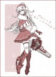 Rule 34 | 1girl, capelet, chainsword, dress, full body, fur-trimmed sleeves, fur collar, fur trim, hair ornament, hairclip, highres, jewelry, long hair, mechanical legs, merry christmas, nanami: pulse (jolly santanami) (pgr), nanami (pgr), official alternate costume, partially colored, ponytail, punishing: gray raven, red capelet, red dress, s2s12o0, sidelocks, skates, solo, thighlet