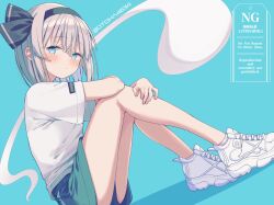 1girl alternate_costume ankle_socks black_bow black_hairband blue_eyes blush bob_cut bow bow_hairband commentary_request dutch_angle english_text green_shorts grey_hair gym_shorts gym_uniform hair_between_eyes hairband hitodama hitodama_print hugging_own_legs knees_up konpaku_youmu konpaku_youmu_(ghost) mixed-language_text otowa_(otoha4634) pout shirt shoes short_shorts shorts sidelocks sitting sneakers socks solo t-shirt thighs_together touhou translation_request twitter_username watermark white_shirt white_shoes white_socks