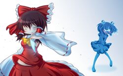 Rule 34 | 2girls, ascot, brown hair, closed eyes, clothes pull, clothes theft, commentary request, detached sleeves, erechan, frilled hair tubes, frills, full body, gradient background, hair tubes, hakurei reimu, holding, holding unworn clothes, holding panties, holding underwear, holding unworn clothes, long sleeves, midriff peek, multiple girls, original, panties, red skirt, red vest, ribbon-trimmed sleeves, ribbon trim, short hair, simple background, skirt, skirt pull, steam (platform), striped clothes, striped panties, theft, touhou, underwear, underwear theft, vest, white sleeves, wide sleeves, yellow ascot
