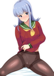 1girl blue_eyes blue_hair blush brown_pantyhose dress embarrassed green_sailor_collar hatsukaze_(christmas)_(kancolle) hatsukaze_(kancolle) highres kantai_collection long_hair long_sleeves looking_at_viewer neckerchief panties panties_under_pantyhose pantyhose red_dress sailor_collar simple_background sitting solo sweater tirasi_(so) underwear white_background yellow_neckerchief