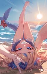 1girl absurdres barefoot beach blonde_hair blue_eyes bow crab fins fish_tail foot_up hair_bow highres indie_virtual_youtuber looking_at_viewer madisama ocean outdoors ponytail sailor_collar sameko_saba sand seashell shark_girl shark_tail shell smile solo sun sunset tail virtual_youtuber wet