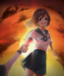 1girl 1other :d absurdres amd_aoneko blue_eyes blue_skirt bow breasts brown_hair cloud dark_clouds double-parted_bangs hair_bow hair_ornament highres holding_hands long_hair long_sleeves looking_at_viewer midriff open_mouth orange_sky original sailor_collar school_uniform serafuku shirt short_sleeves skirt sky small_breasts smile sunset teeth upper_teeth_only white_shirt