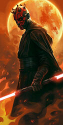 1boy absurdres alien black_gloves black_robe colored_skin darth_maul david_otalora double_bladed_lightsaber energy_sword facial_tattoo fire gloves highres holding holding_sword holding_weapon horns lightsaber looking_at_viewer red_eyes red_lightsaber red_skin robe sith small_horns solo standing star_wars sword tattoo weapon zabrak