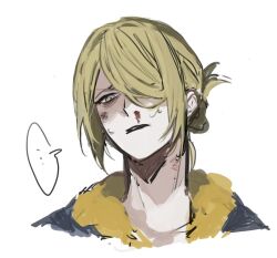 Rule 34 | ..., 1boy, bags under eyes, blonde hair, blood, blood on face, bruise, bruise on face, cropped shoulders, edamameko210, grey eyes, hair over one eye, injury, looking down, male focus, nintendo, nosebleed, one eye covered, parted bangs, parted lips, pokemon, pokemon legends: arceus, simple background, solo, speech bubble, spoken ellipsis, volo (pokemon), white background
