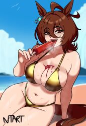 1girl agnes_tachyon_(umamusume) ahoge animal_ears arm_support armpit_crease artist_name beach bikini blurry blurry_background breasts brown_eyes brown_hair brown_tail collarbone commentary cowboy_shot day ear_ornament english_commentary eyelashes food gold_bikini hair_between_eyes hand_up highleg highleg_bikini highres holding holding_food holding_popsicle horse_ears horse_girl large_breasts looking_at_viewer melting_popsicle naughty_taboos navel open_mouth outdoors popsicle sexually_suggestive shadow signature sitting skindentation solo steaming_body stomach sweatdrop swimsuit thick_thighs thighs tongue tongue_out umamusume